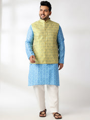 Men's Cotton Blend Printed Blue Kurta With White Pyjama & Yellow Nehru Jacket