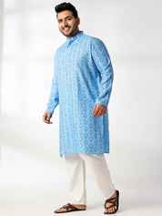 Men's Cotton Blend Printed Blue Kurta With White Pyjama & Yellow Nehru Jacket