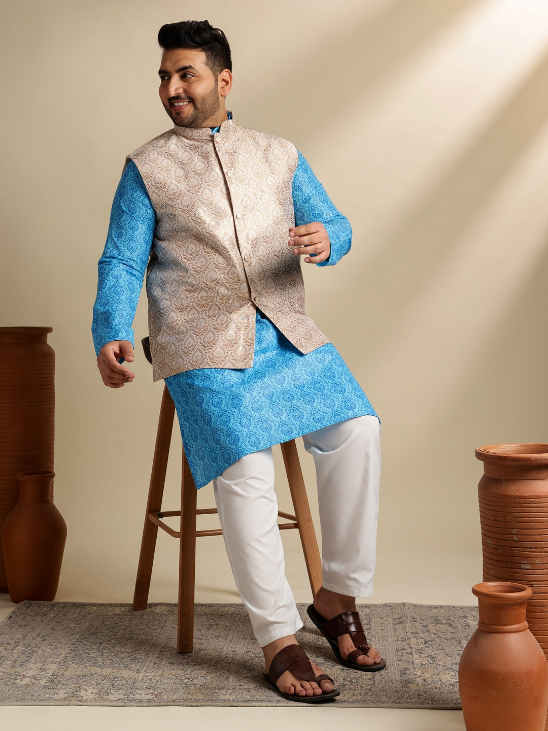 Sojanya Plus (Since 1958) Men's Cotton Blend Printed Blue Kurta With Pyjama & Cream Nehru Jacket