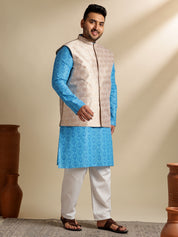 Sojanya Plus (Since 1958) Men's Cotton Blend Printed Blue Kurta With Pyjama & Cream Nehru Jacket