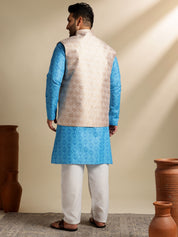 Sojanya Plus (Since 1958) Men's Cotton Blend Printed Blue Kurta With Pyjama & Cream Nehru Jacket