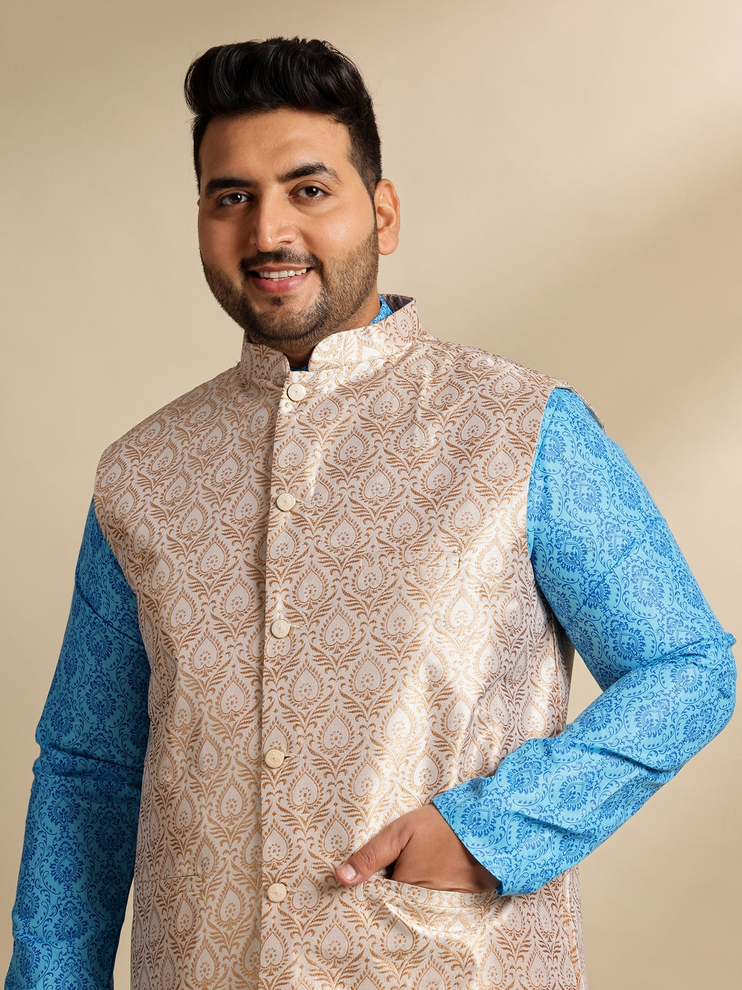 Sojanya Plus (Since 1958) Men's Cotton Blend Printed Blue Kurta With Pyjama & Cream Nehru Jacket