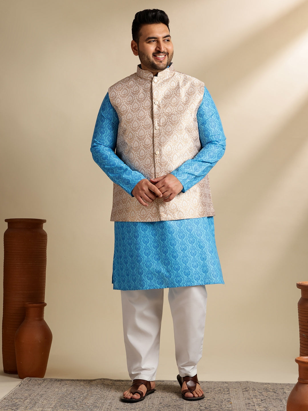 Sojanya Plus (Since 1958) Men's Cotton Blend Printed Blue Kurta With Pyjama & Cream Nehru Jacket