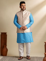 Sojanya Plus (Since 1958) Men's Cotton Blend Printed Blue Kurta With Pyjama & Cream Nehru Jacket