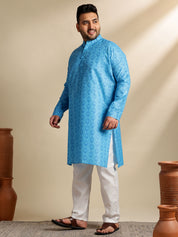 Sojanya Plus (Since 1958) Men's Cotton Blend Printed Blue Kurta With Pyjama & Cream Nehru Jacket
