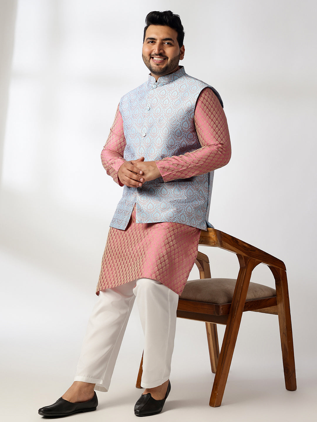 Men's Silk Blend Paisley Pink Kurta With White Pyjama & Blue Nehru Jacket