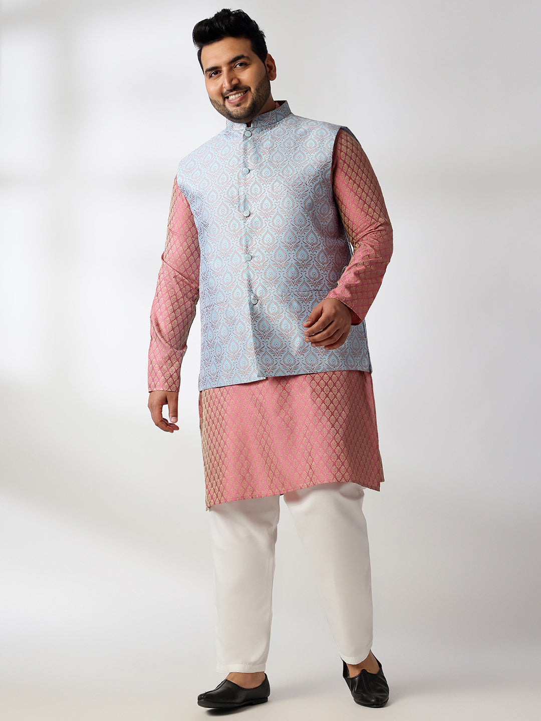 Men's Silk Blend Paisley Pink Kurta With White Pyjama & Blue Nehru Jacket