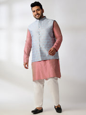 Men's Silk Blend Paisley Pink Kurta With White Pyjama & Blue Nehru Jacket
