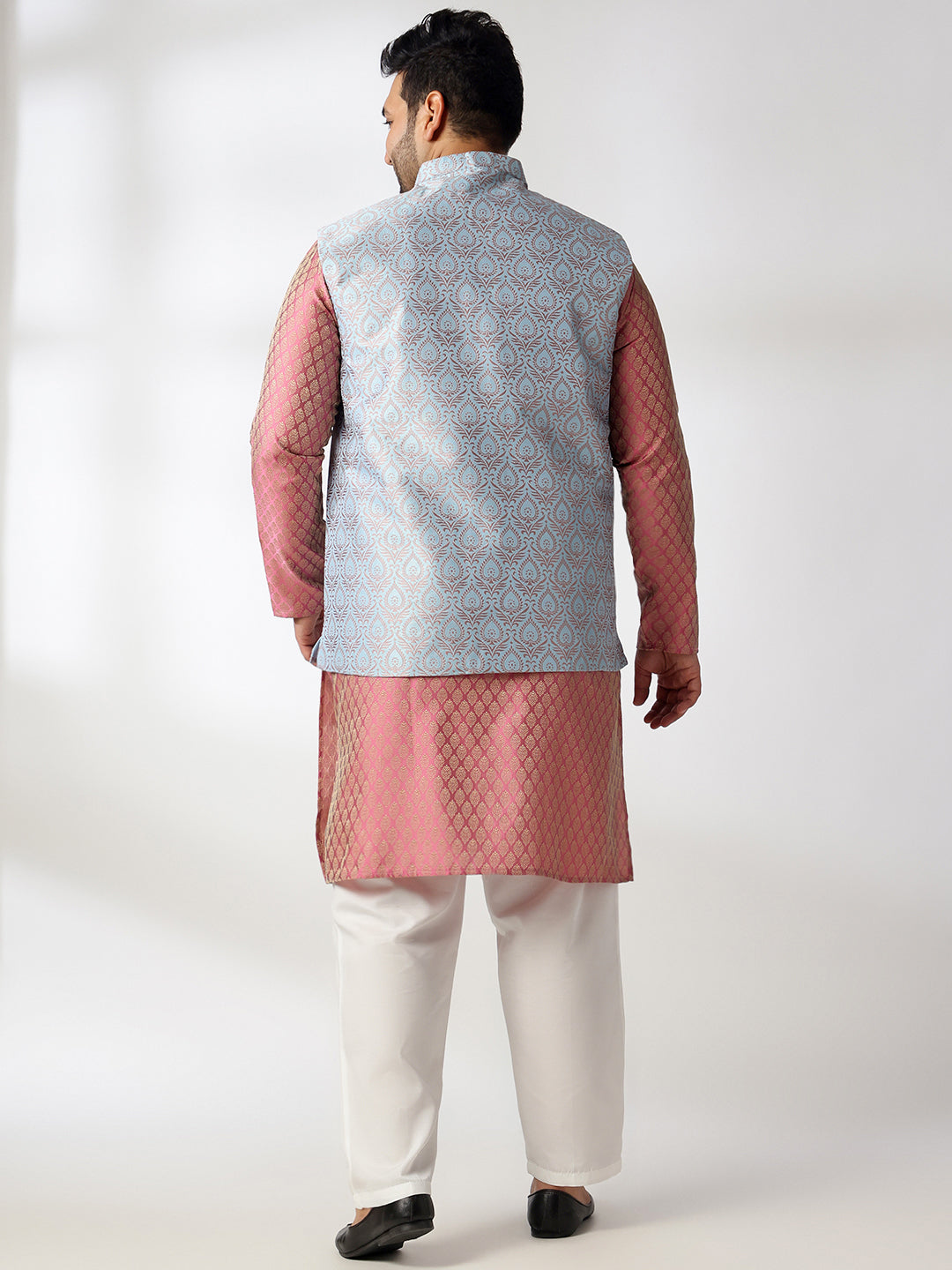 Men's Silk Blend Paisley Pink Kurta With White Pyjama & Blue Nehru Jacket