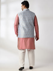 Men's Silk Blend Paisley Pink Kurta With White Pyjama & Blue Nehru Jacket