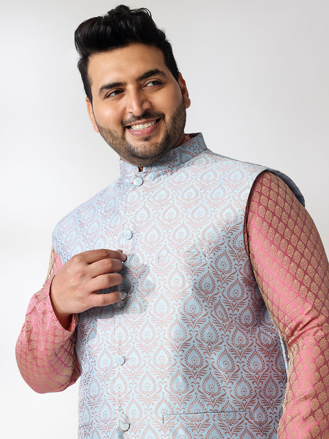 Men's Silk Blend Paisley Pink Kurta With White Pyjama & Blue Nehru Jacket