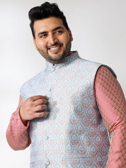 Men's Silk Blend Paisley Pink Kurta With White Pyjama & Blue Nehru Jacket