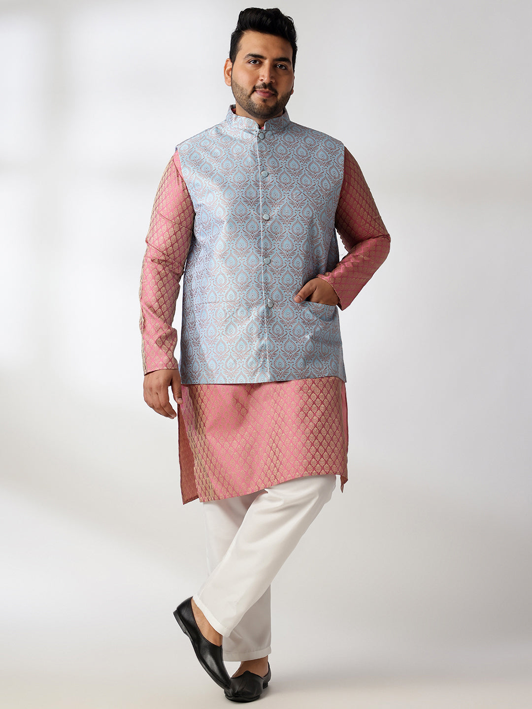 Men's Silk Blend Paisley Pink Kurta With White Pyjama & Blue Nehru Jacket