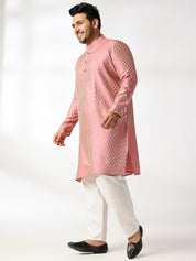 Men's Silk Blend Paisley Pink Kurta With White Pyjama & Blue Nehru Jacket