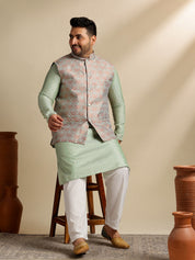 Men's Silk Blend Paisley Pista Kurta With Pyjama & Green Nehru Jacket