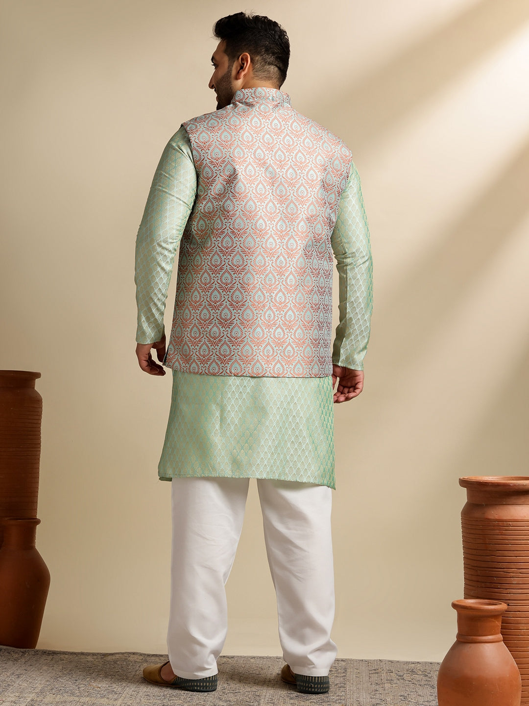 Men's Silk Blend Paisley Pista Kurta With Pyjama & Green Nehru Jacket