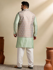 Men's Silk Blend Paisley Pista Kurta With Pyjama & Green Nehru Jacket