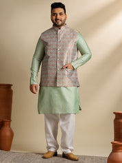 Men's Silk Blend Paisley Pista Kurta With Pyjama & Green Nehru Jacket