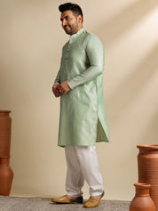 Men's Silk Blend Paisley Pista Kurta With Pyjama & Green Nehru Jacket