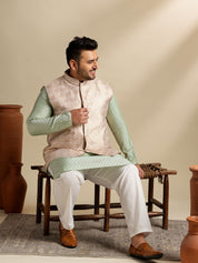 Men's Silk Blend Paisley Pista Kurta With Pyjama & Cream Nehru Jacket