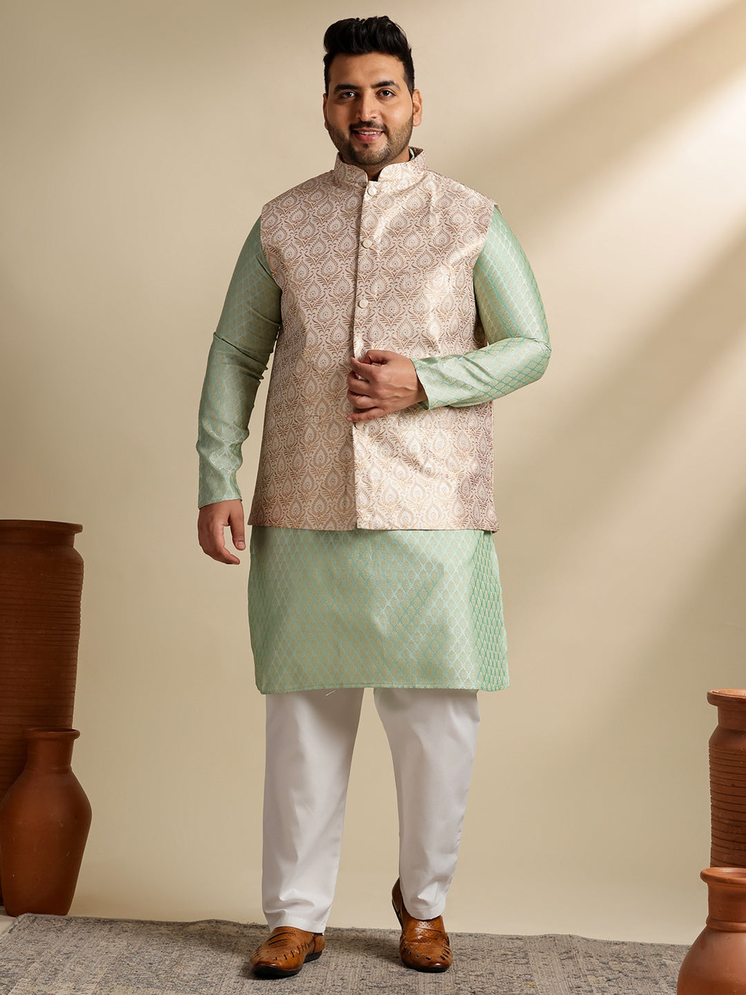 Men's Silk Blend Paisley Pista Kurta With Pyjama & Cream Nehru Jacket