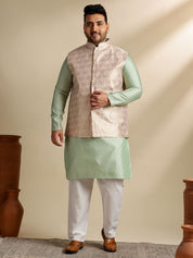 Men's Silk Blend Paisley Pista Kurta With Pyjama & Cream Nehru Jacket