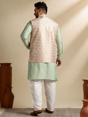 Men's Silk Blend Paisley Pista Kurta With Pyjama & Cream Nehru Jacket