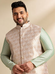 Men's Silk Blend Paisley Pista Kurta With Pyjama & Cream Nehru Jacket
