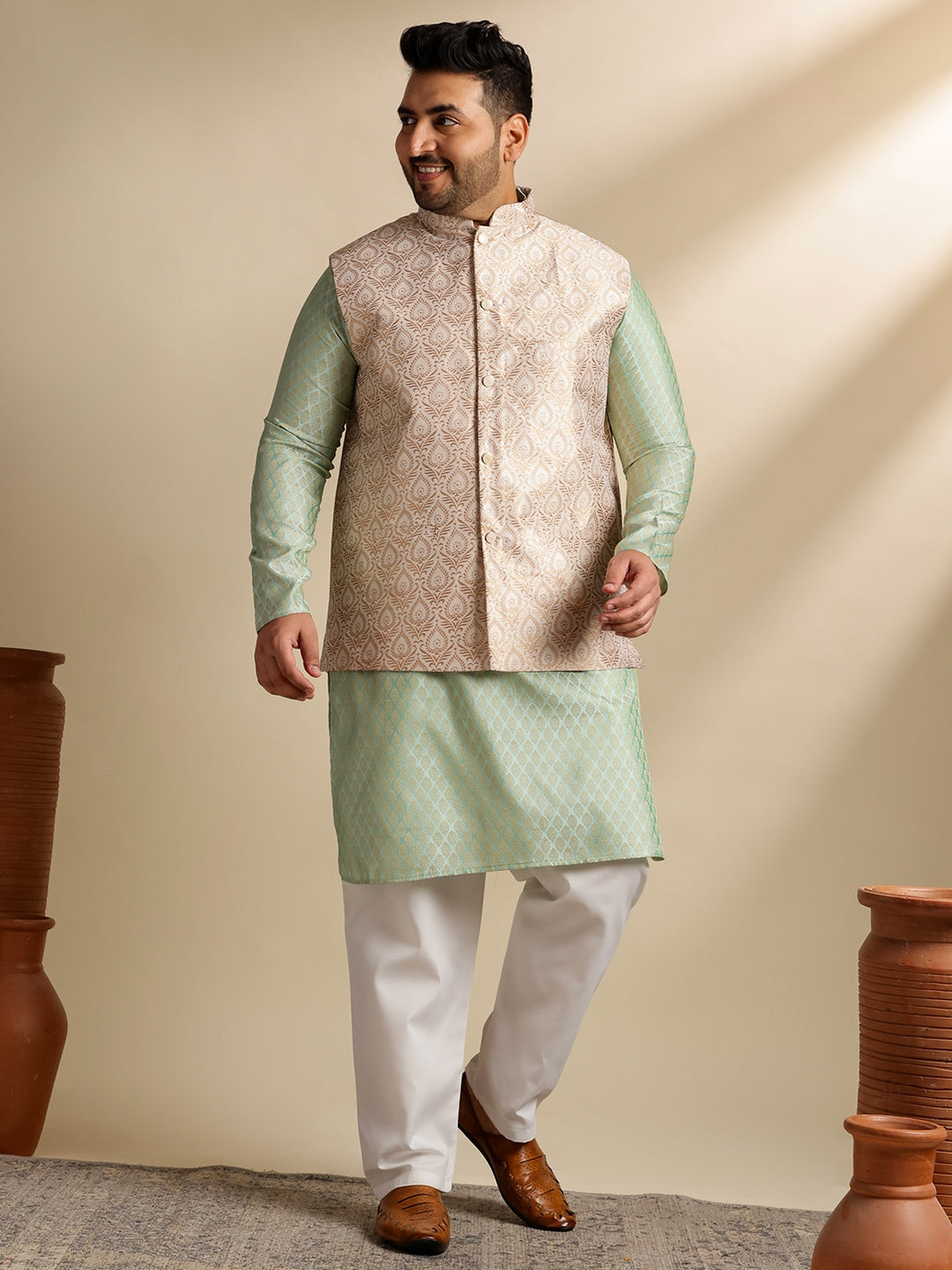 Men's Silk Blend Paisley Pista Kurta With Pyjama & Cream Nehru Jacket