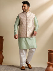 Men's Silk Blend Paisley Pista Kurta With Pyjama & Cream Nehru Jacket