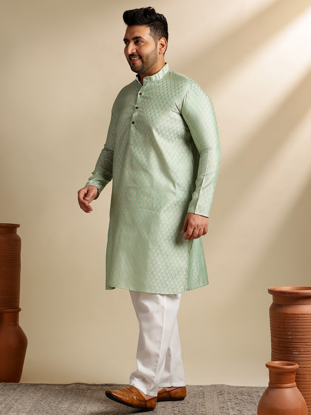 Men's Silk Blend Paisley Pista Kurta With Pyjama & Cream Nehru Jacket