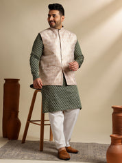 Men's Silk Blend Paisley Dark Green Kurta With Pyjama & Cream Nehru Jacket