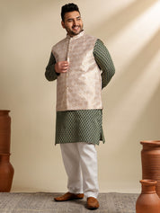 Men's Silk Blend Paisley Dark Green Kurta With Pyjama & Cream Nehru Jacket