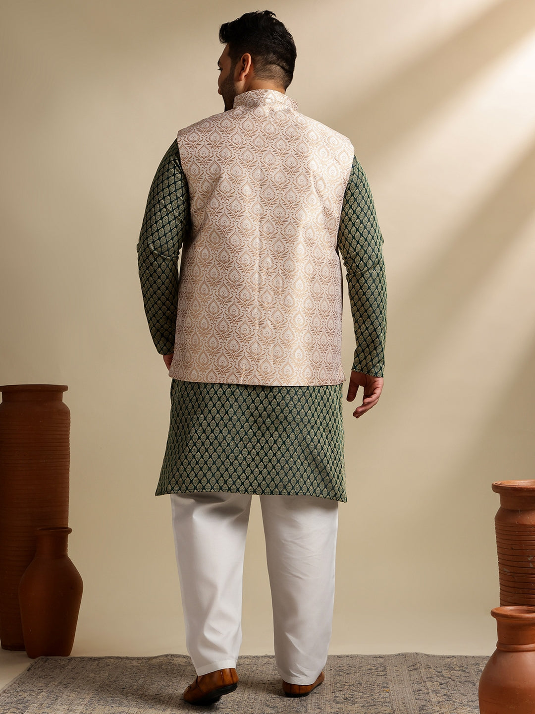 Men's Silk Blend Paisley Dark Green Kurta With Pyjama & Cream Nehru Jacket