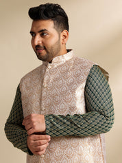 Men's Silk Blend Paisley Dark Green Kurta With Pyjama & Cream Nehru Jacket