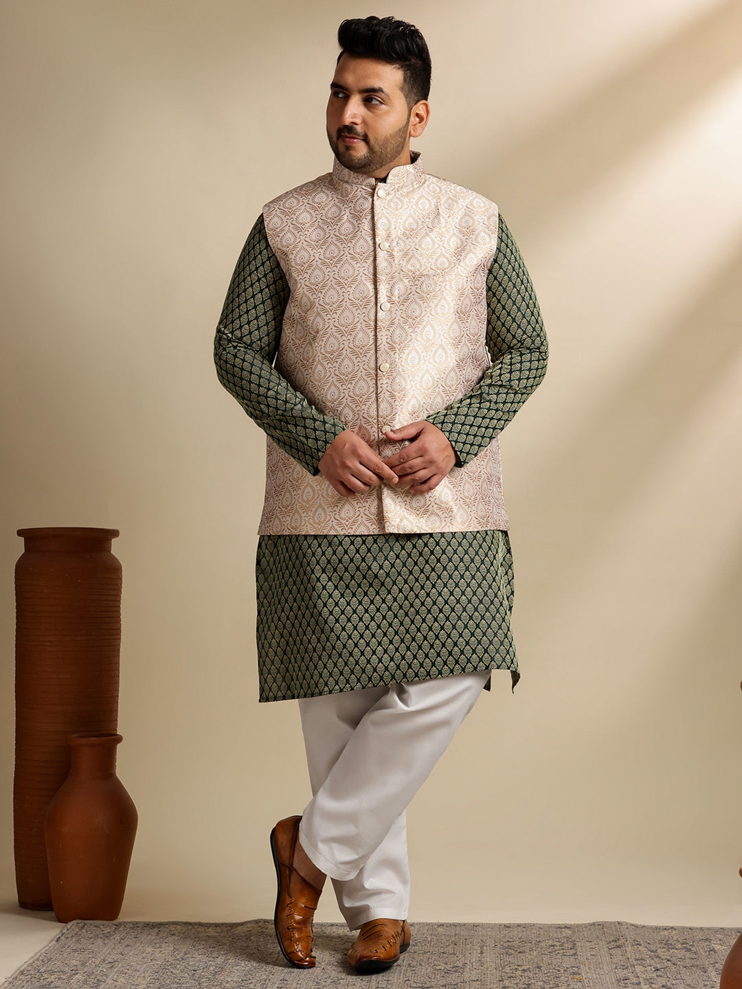 Men's Silk Blend Paisley Dark Green Kurta With Pyjama & Cream Nehru Jacket