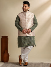 Men's Silk Blend Paisley Dark Green Kurta With Pyjama & Cream Nehru Jacket