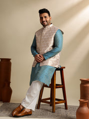Men's Silk Blend Paisley Blue Kurta With White Pyjama & Cream Nehru JacketMen's Silk Blend Paisley Blue Kurta With White Pyjama & Cream Nehru Jacket
