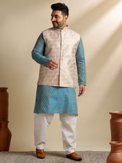 Men's Silk Blend Paisley Blue Kurta With White Pyjama & Cream Nehru JacketMen's Silk Blend Paisley Blue Kurta With White Pyjama & Cream Nehru Jacket