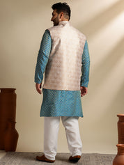 Men's Silk Blend Paisley Blue Kurta With White Pyjama & Cream Nehru JacketMen's Silk Blend Paisley Blue Kurta With White Pyjama & Cream Nehru Jacket