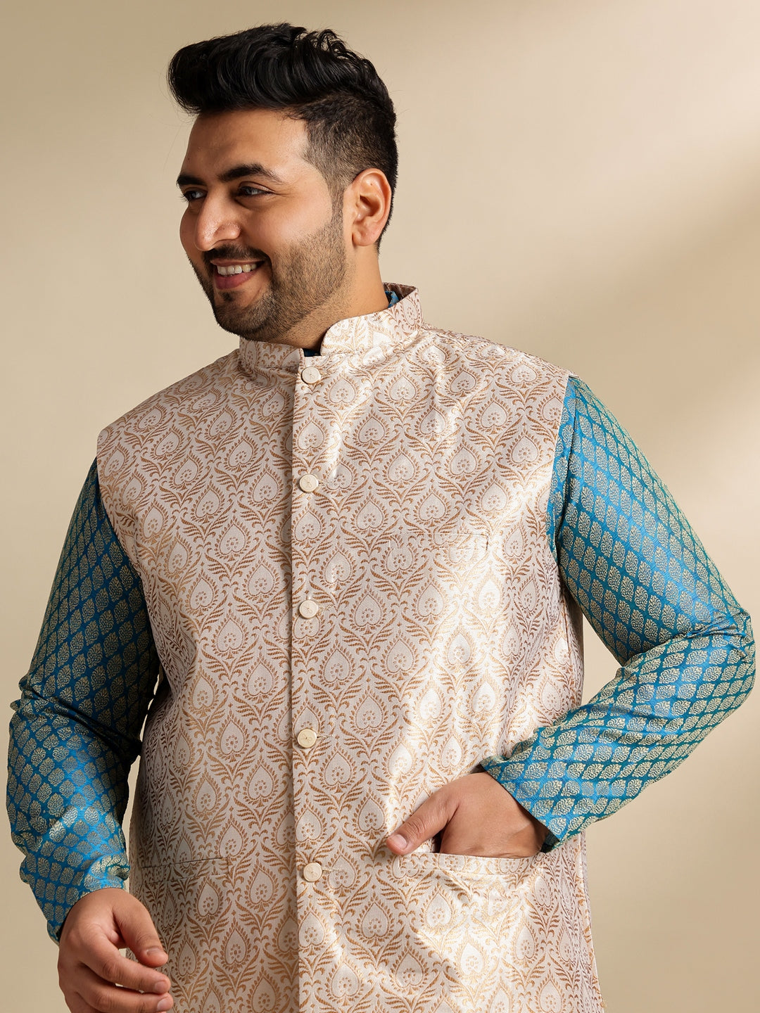 Men's Silk Blend Paisley Blue Kurta With White Pyjama & Cream Nehru JacketMen's Silk Blend Paisley Blue Kurta With White Pyjama & Cream Nehru Jacket