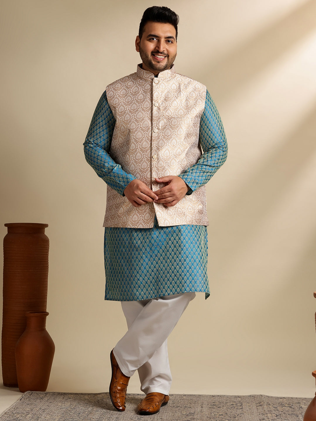Men's Silk Blend Paisley Blue Kurta With White Pyjama & Cream Nehru JacketMen's Silk Blend Paisley Blue Kurta With White Pyjama & Cream Nehru Jacket