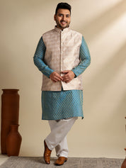 Men's Silk Blend Paisley Blue Kurta With White Pyjama & Cream Nehru JacketMen's Silk Blend Paisley Blue Kurta With White Pyjama & Cream Nehru Jacket