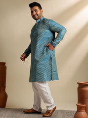 Men's Silk Blend Paisley Blue Kurta With White Pyjama & Cream Nehru JacketMen's Silk Blend Paisley Blue Kurta With White Pyjama & Cream Nehru Jacket