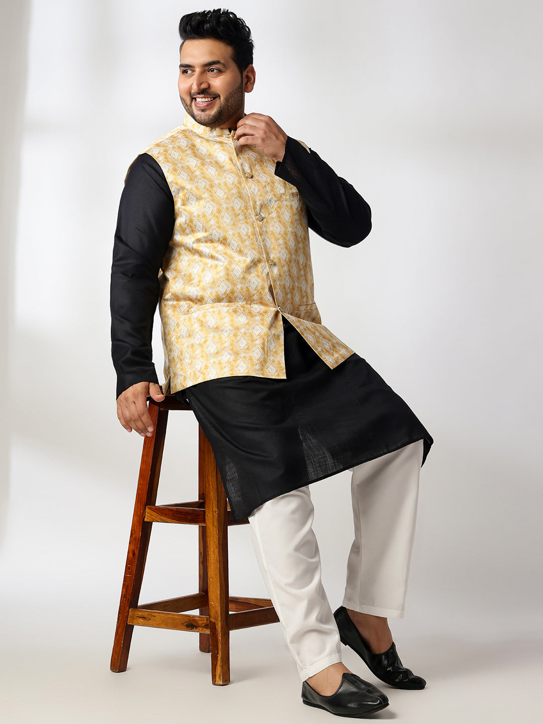 Men's Cotton Blend Black Kurta With White Pyjama & Printed Yellow Nehru Jacket