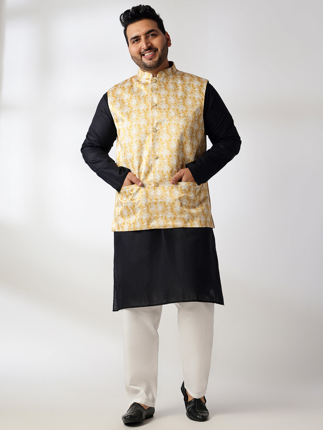 Men's Cotton Blend Black Kurta With White Pyjama & Printed Yellow Nehru Jacket