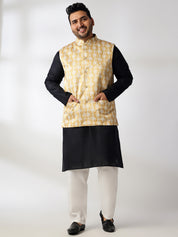Men's Cotton Blend Black Kurta With White Pyjama & Printed Yellow Nehru Jacket