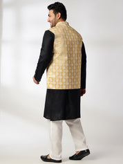 Men's Cotton Blend Black Kurta With White Pyjama & Printed Yellow Nehru Jacket