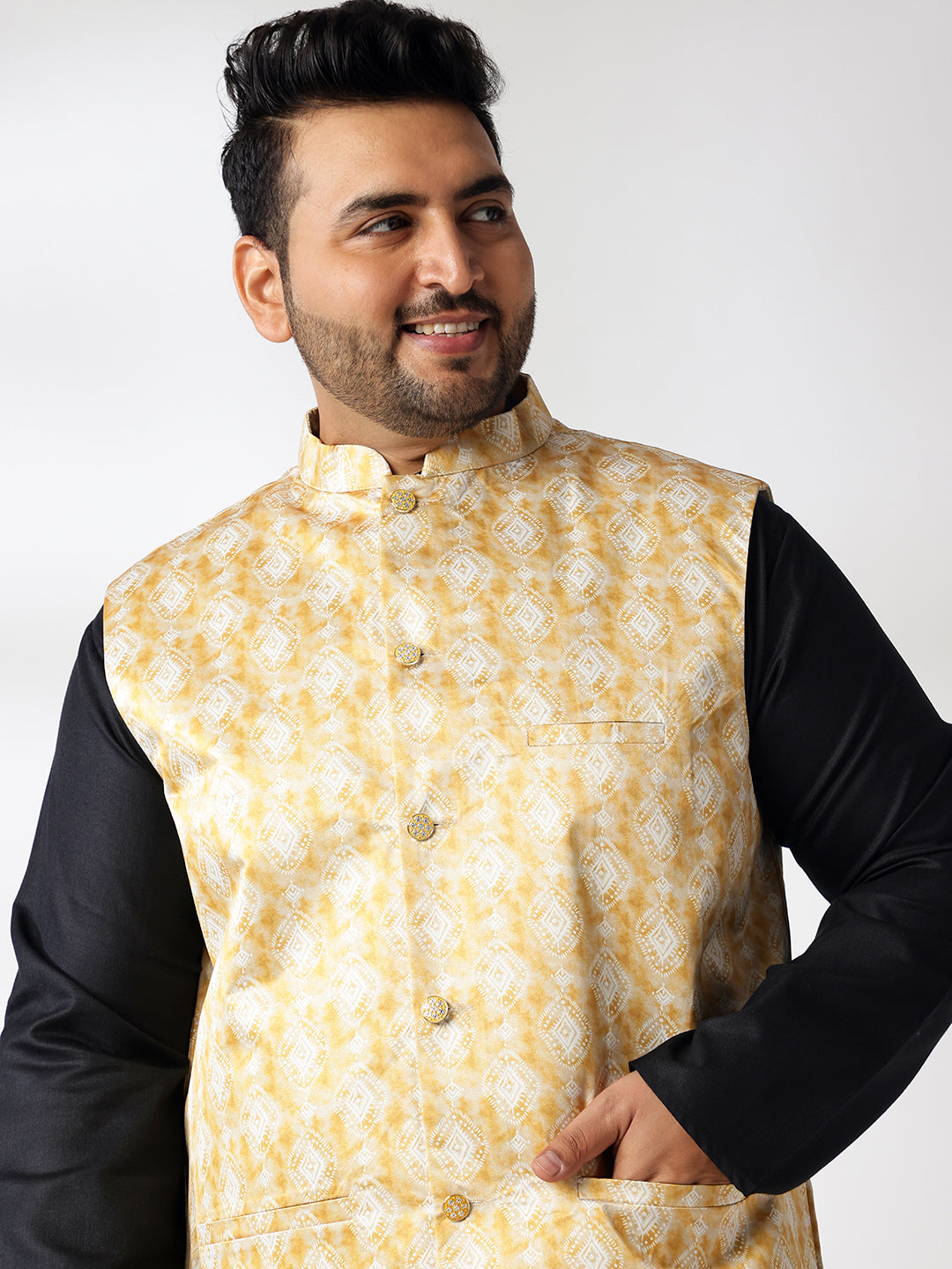 Men's Cotton Blend Black Kurta With White Pyjama & Printed Yellow Nehru Jacket