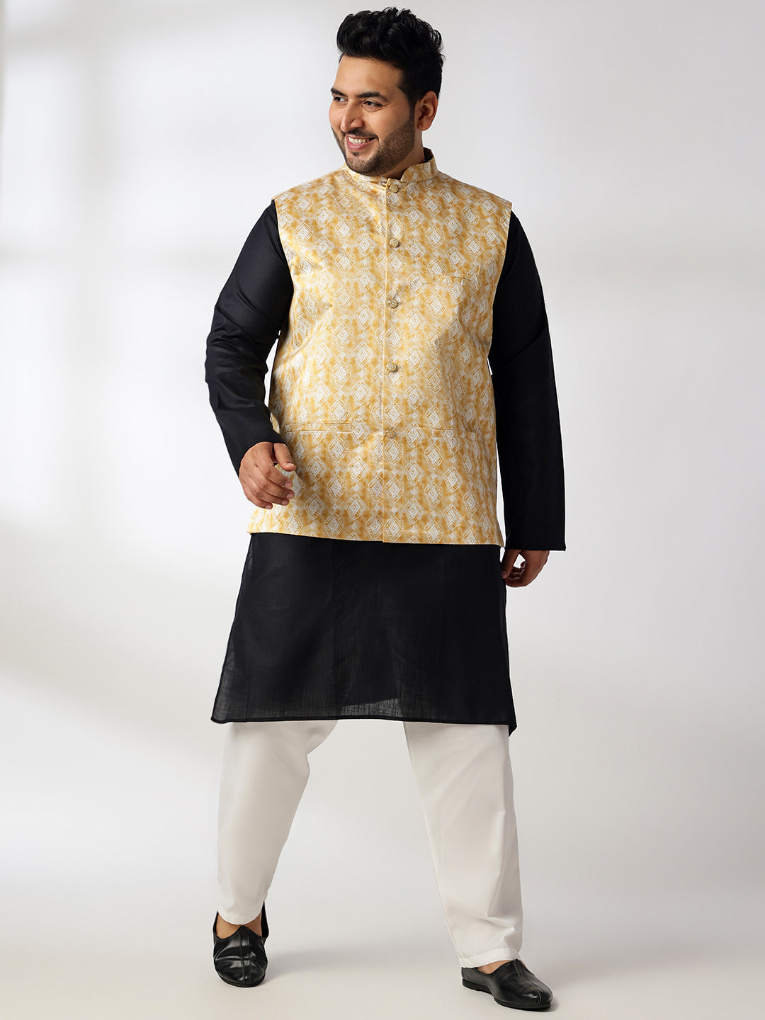 Men's Cotton Blend Black Kurta With White Pyjama & Printed Yellow Nehru Jacket